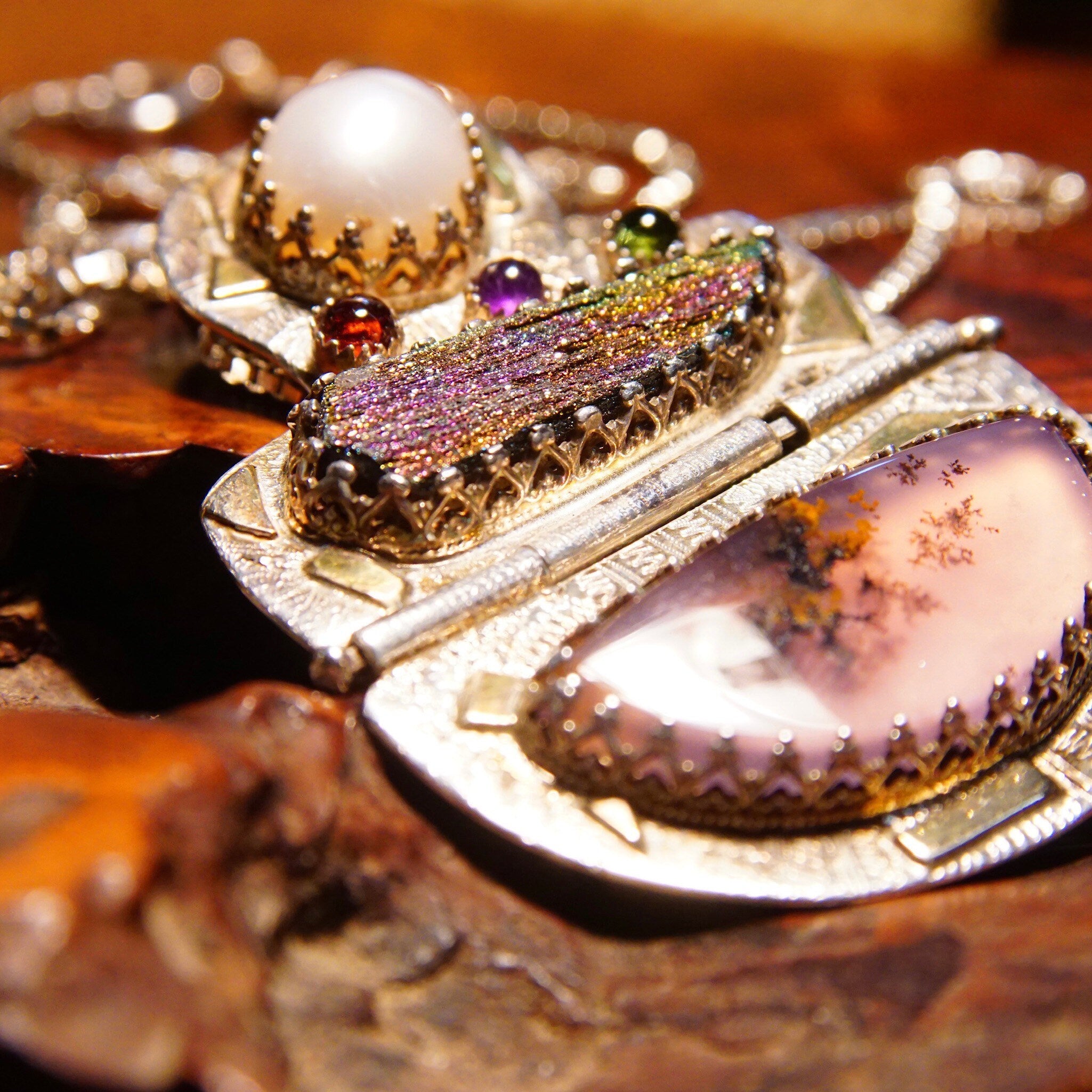 Vintage Signed Ann Allen Sterling Silver & 14K Gold Accent Gemstone Pendant Necklace, Pearl Cabochon, Rainbow Hematite, Moss Resin, 20" L