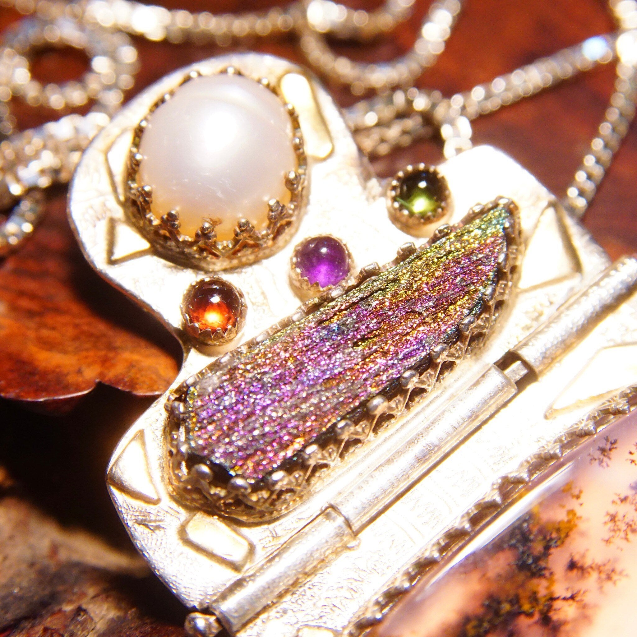 Vintage Signed Ann Allen Sterling Silver & 14K Gold Accent Gemstone Pendant Necklace, Pearl Cabochon, Rainbow Hematite, Moss Resin, 20" L