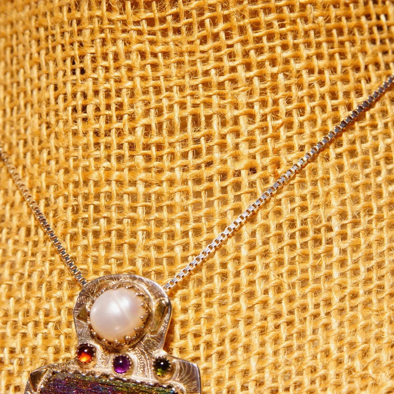 Vintage Signed Ann Allen Sterling Silver & 14K Gold Accent Gemstone Pendant Necklace, Pearl Cabochon, Rainbow Hematite, Moss Resin, 20" L