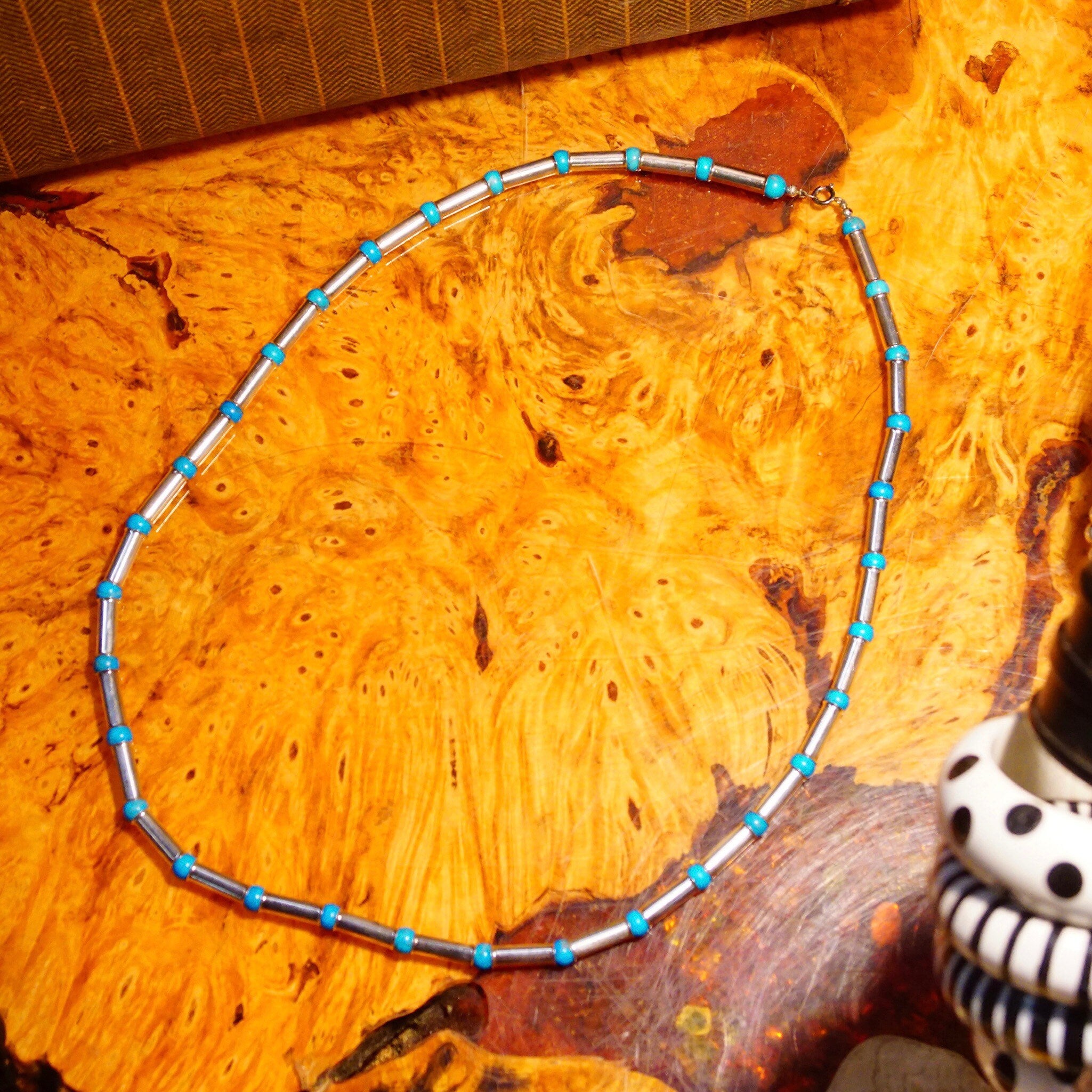 Vintage Navajo Turquoise Pearl Bench Barrel Bead Necklace, Sterling Silver Tube Beads, Blue Turquoise Spacers, Native American, 32 1/2" L