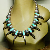Vintage Native American Sterling Silver Turquoise Bear Claw Necklace, Handmade, Turquoise Inlay, Chunky Beads, Old Pawn Jewelry, 20 1/2"