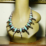 Vintage Native American Sterling Silver Turquoise Bear Claw Necklace, Handmade, Turquoise Inlay, Chunky Beads, Old Pawn Jewelry, 20 1/2"