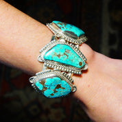 Vintage Signed Native American Three-Stone Turquoise Cuff Bracelet, Chunky Silver Cut With Large Turquoise Stones, Mexico, 5 3/4" L