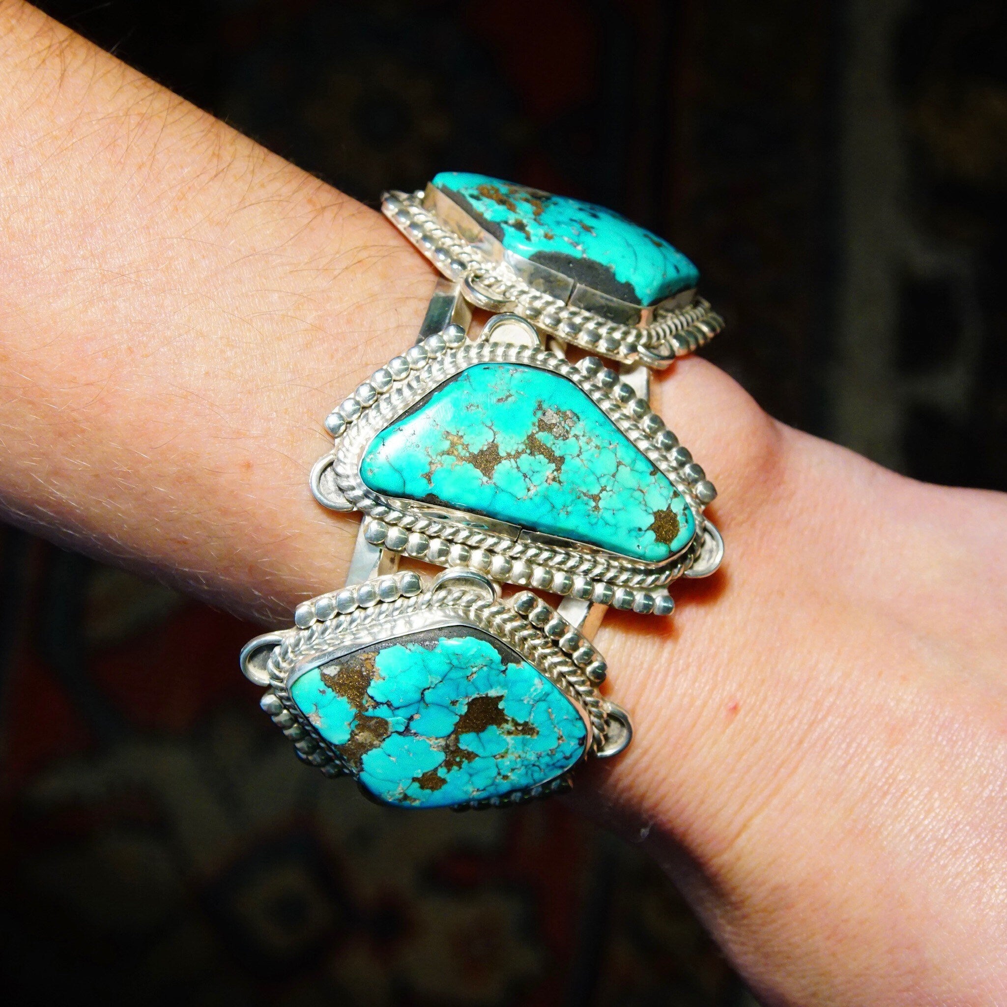 Vintage Signed Native American Three-Stone Turquoise Cuff Bracelet, Chunky Silver Cut With Large Turquoise Stones, Mexico, 5 3/4" L