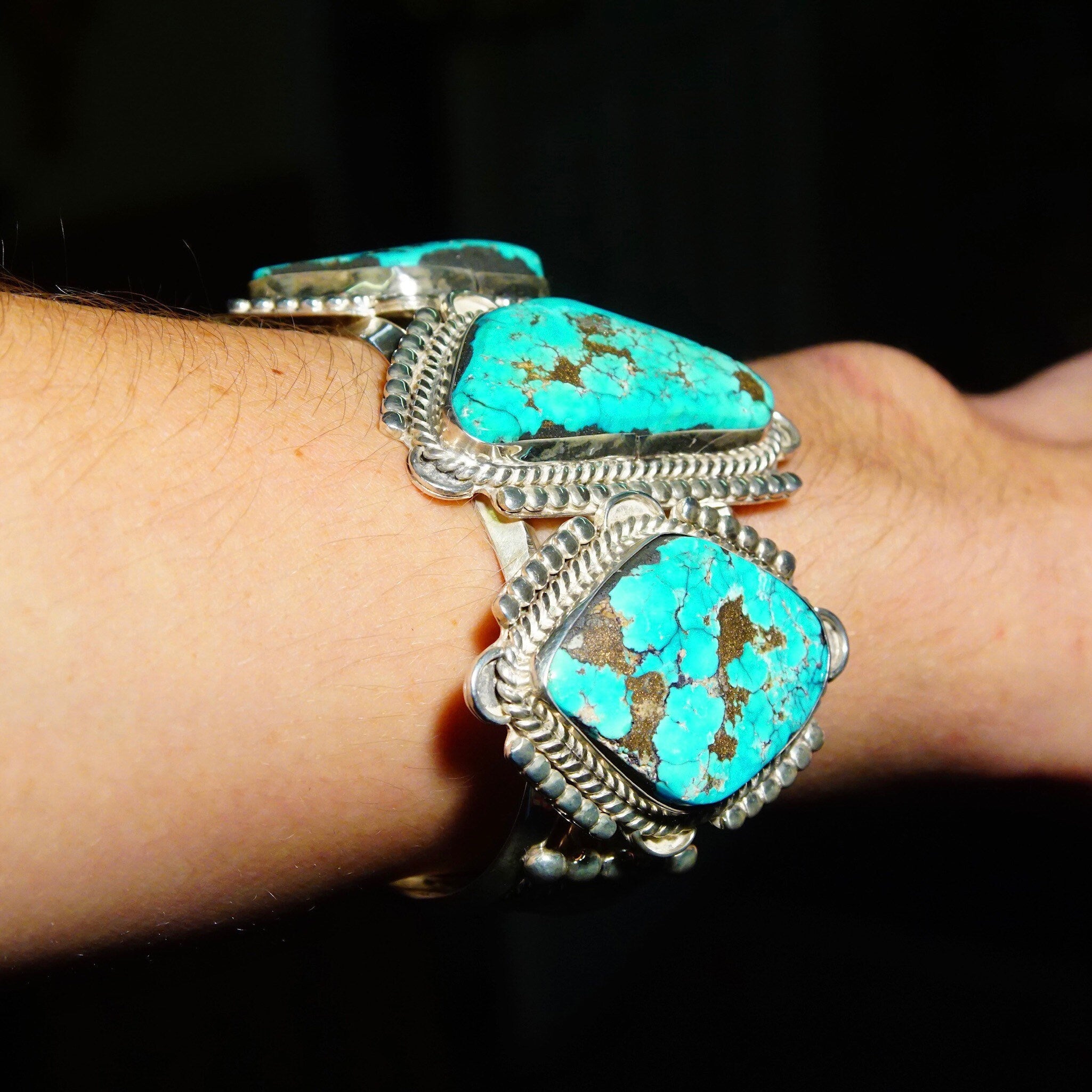 Vintage Signed Native American Three-Stone Turquoise Cuff Bracelet, Chunky Silver Cut With Large Turquoise Stones, Mexico, 5 3/4" L