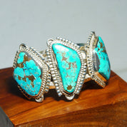 Vintage Signed Native American Three-Stone Turquoise Cuff Bracelet, Chunky Silver Cut With Large Turquoise Stones, Mexico, 5 3/4" L