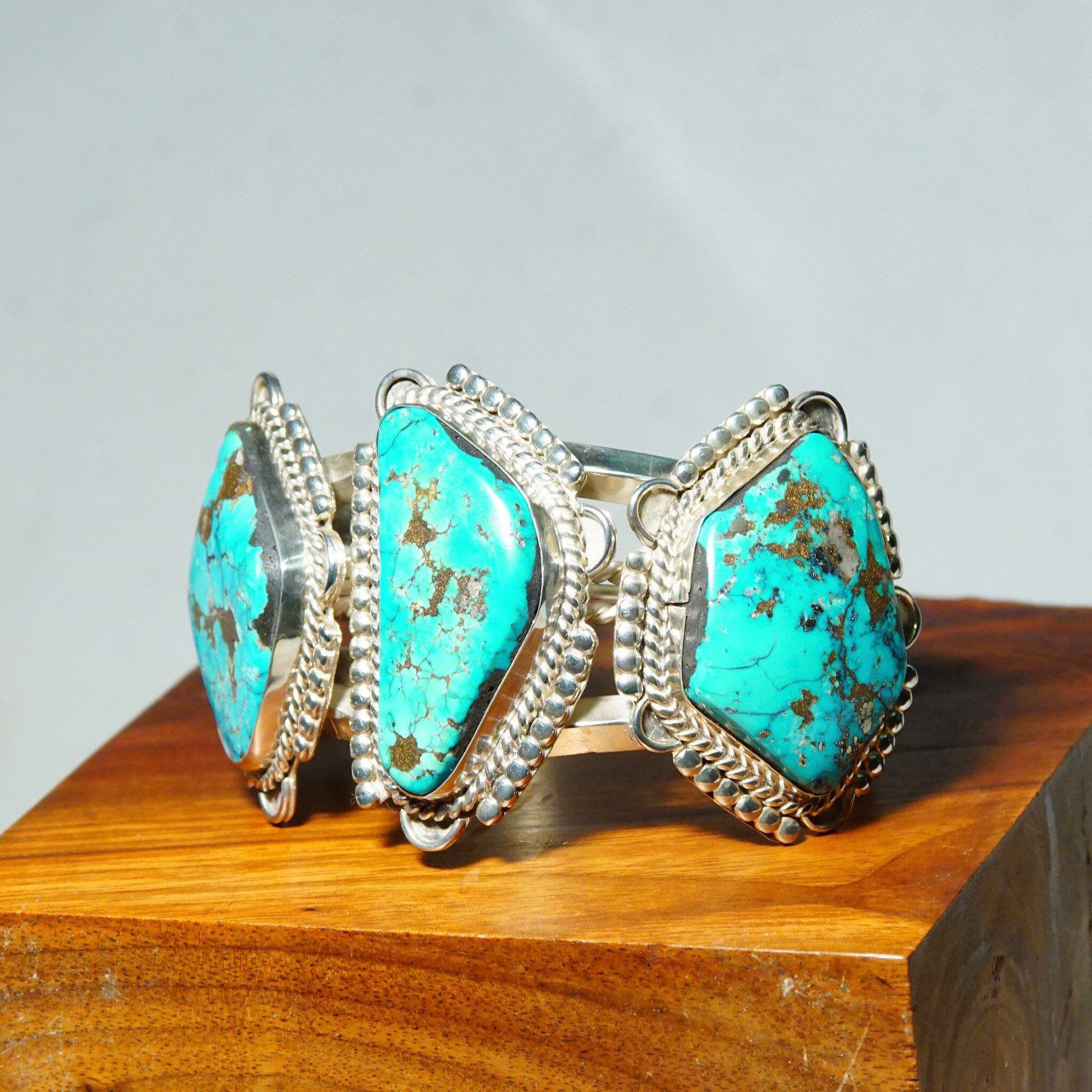 Vintage Signed Native American Three-Stone Turquoise Cuff Bracelet, Chunky Silver Cut With Large Turquoise Stones, Mexico, 5 3/4" L