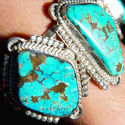 Vintage Signed Native American Three-Stone Turquoise Cuff Bracelet, Chunky Silver Cut With Large Turquoise Stones, Mexico, 5 3/4" L