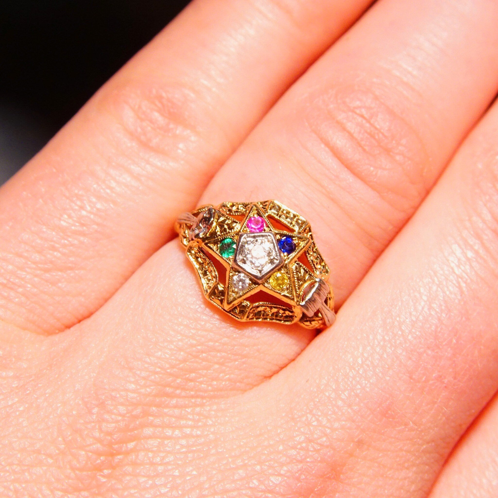 Vintage 14K Masonic Order Of The Eastern Star Ring, .18 CT OEC Diamond, Multi-Color Gemstones, Yellow Gold Freemason Ring, Size 6 1/2 US