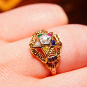 Vintage 14K Masonic Order Of The Eastern Star Ring, .18 CT OEC Diamond, Multi-Color Gemstones, Yellow Gold Freemason Ring, Size 6 1/2 US