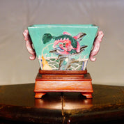 Antique Daoguang Chinese Decorative Porcelain Bowl With Wood Pedestal, Chinese Dragon & Floral Designs, Light Blue Enamel, 4 3/8