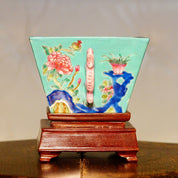 Antique Daoguang Chinese Decorative Porcelain Bowl With Wood Pedestal, Chinese Dragon & Floral Designs, Light Blue Enamel, 4 3/8