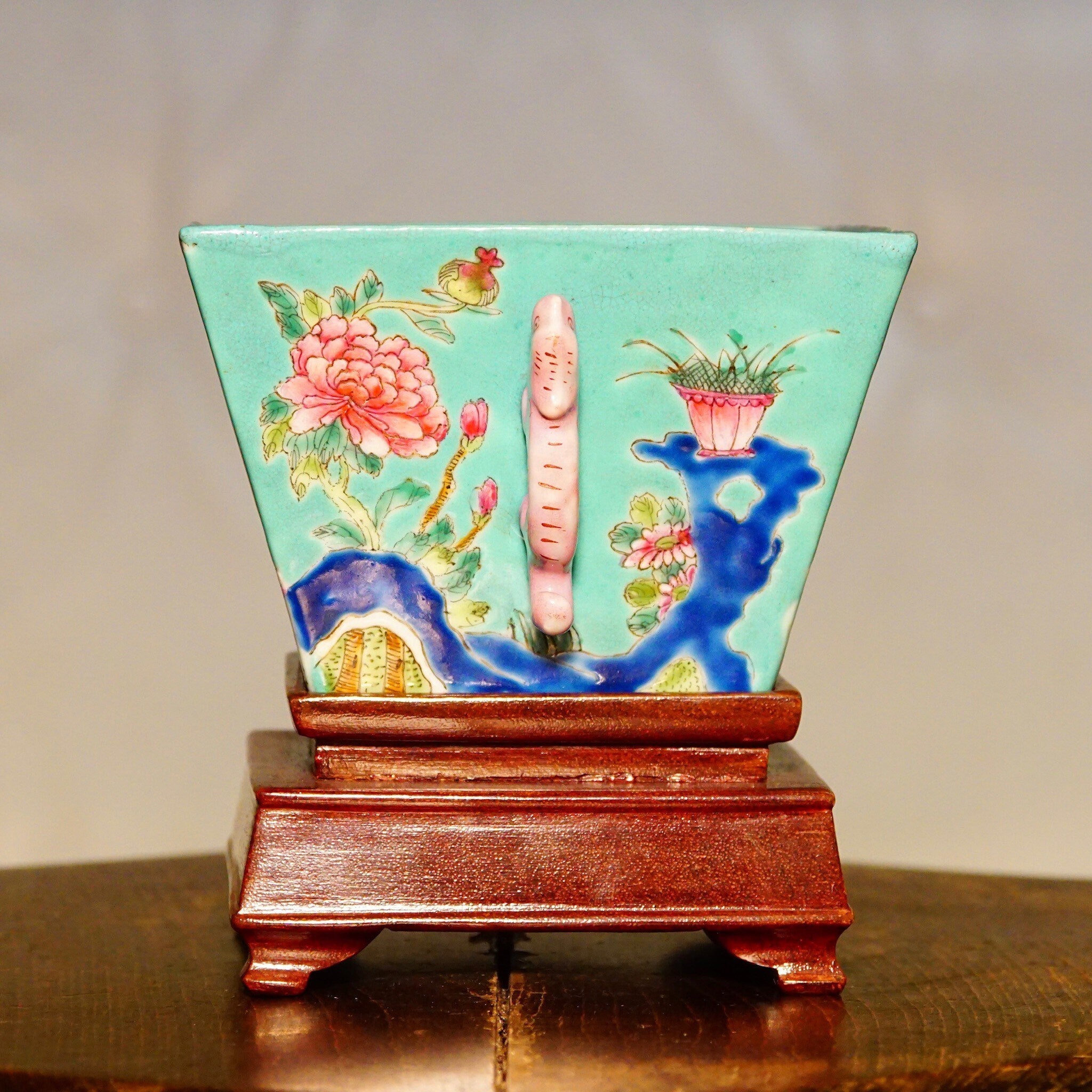 Antique Daoguang Chinese Decorative Porcelain Bowl With Wood Pedestal, Chinese Dragon & Floral Designs, Light Blue Enamel, 4 3/8