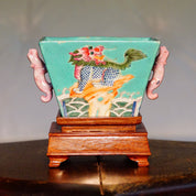 Antique Daoguang Chinese Decorative Porcelain Bowl With Wood Pedestal, Chinese Dragon & Floral Designs, Light Blue Enamel, 4 3/8