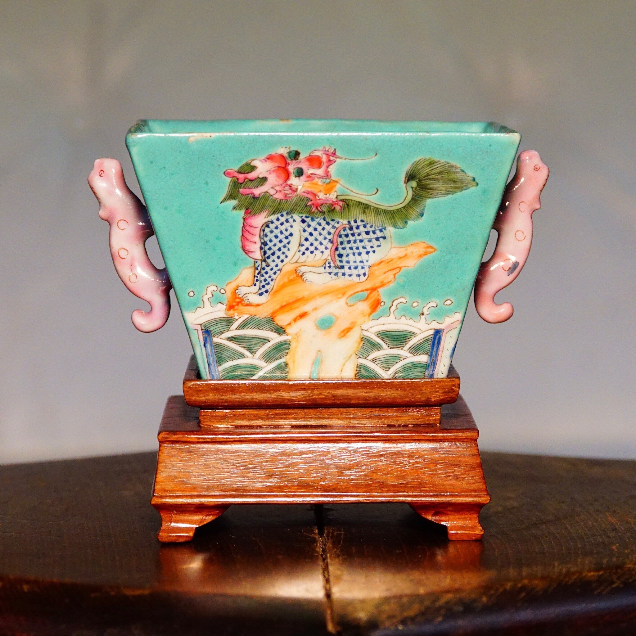 Antique Daoguang Chinese Decorative Porcelain Bowl With Wood Pedestal, Chinese Dragon & Floral Designs, Light Blue Enamel, 4 3/8