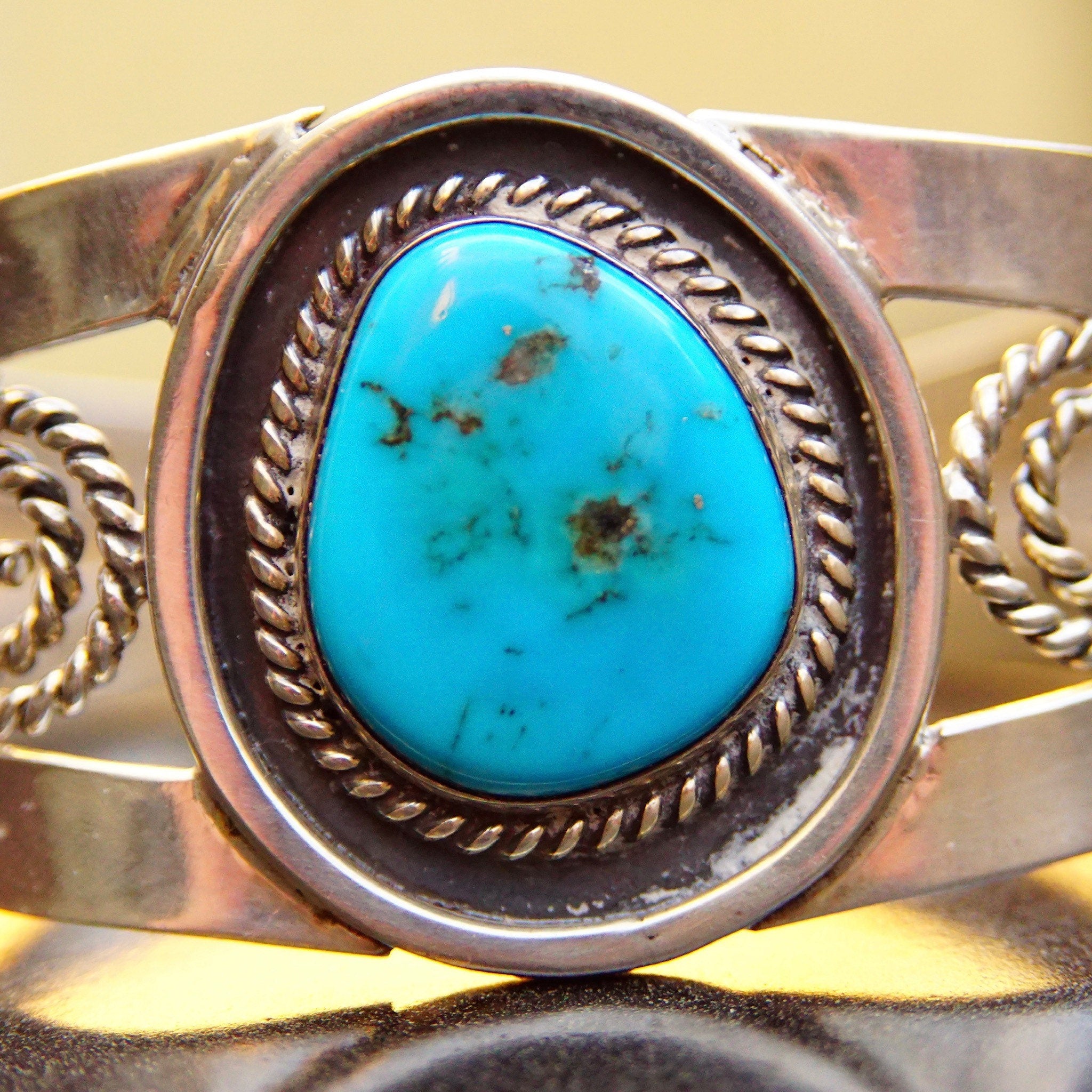 Vintage Sterling Silver Turquoise Cuff Bracelet, Woven Silver Wire Cuff, Bright Blue Turquoise Stone, Southwestern Style, MEX 925, 5 3/4" L