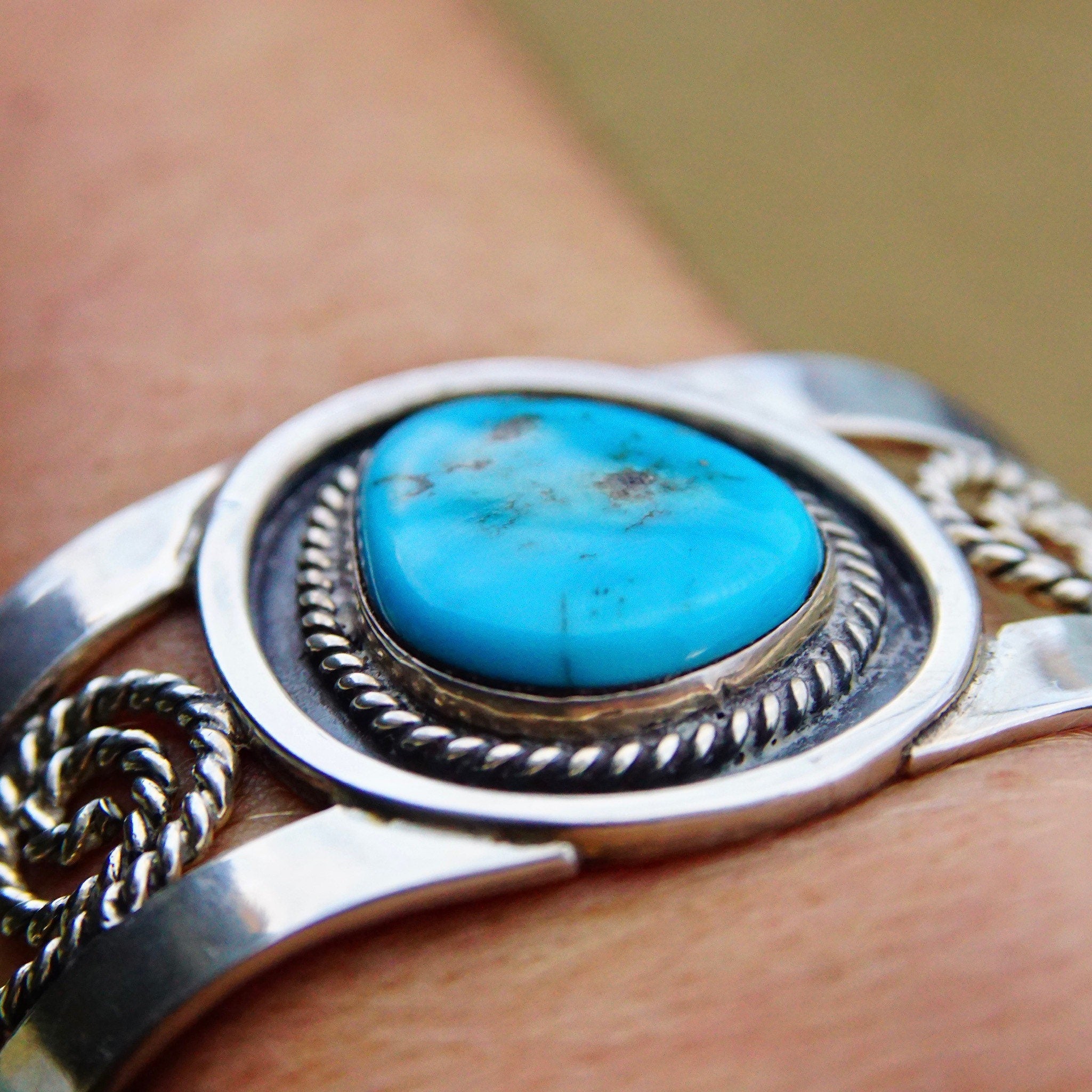 Vintage Sterling Silver Turquoise Cuff Bracelet, Woven Silver Wire Cuff, Bright Blue Turquoise Stone, Southwestern Style, MEX 925, 5 3/4" L