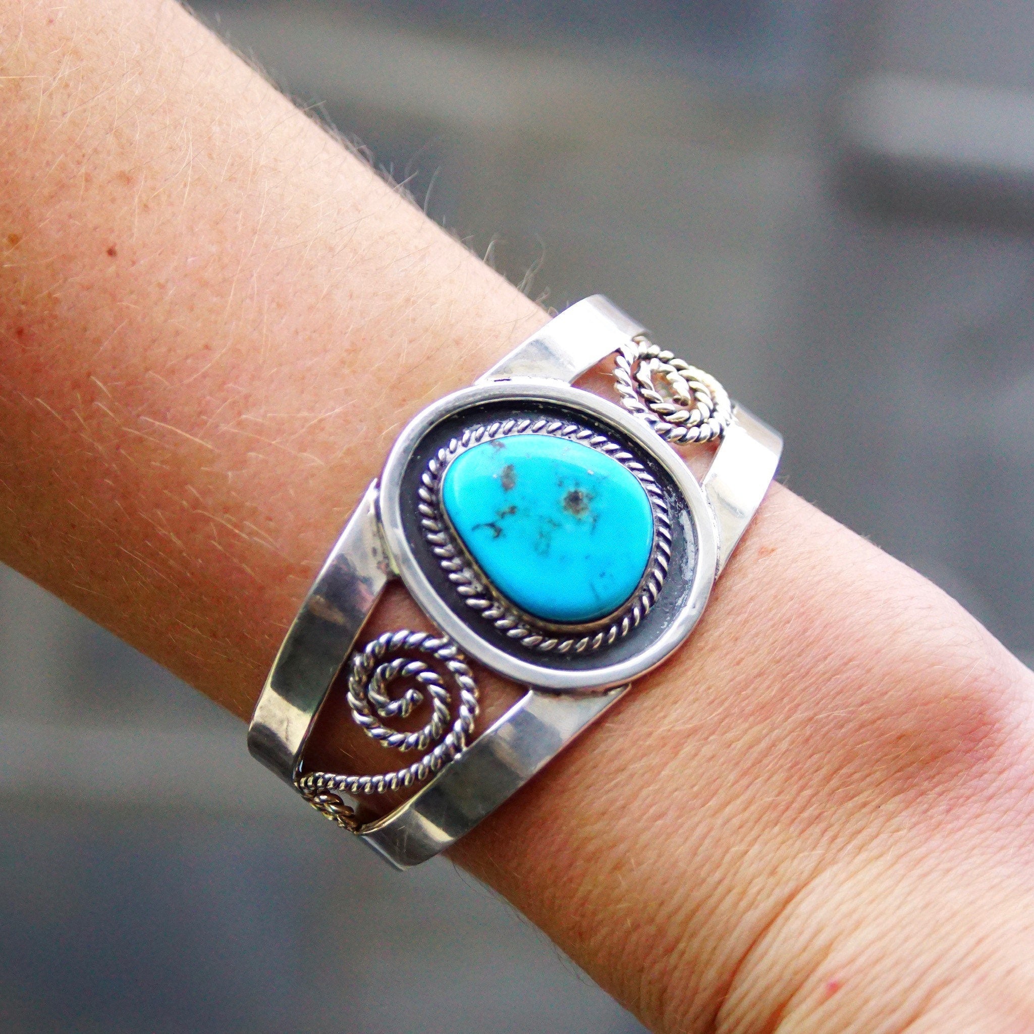 Vintage Sterling Silver Turquoise Cuff Bracelet, Woven Silver Wire Cuff, Bright Blue Turquoise Stone, Southwestern Style, MEX 925, 5 3/4" L