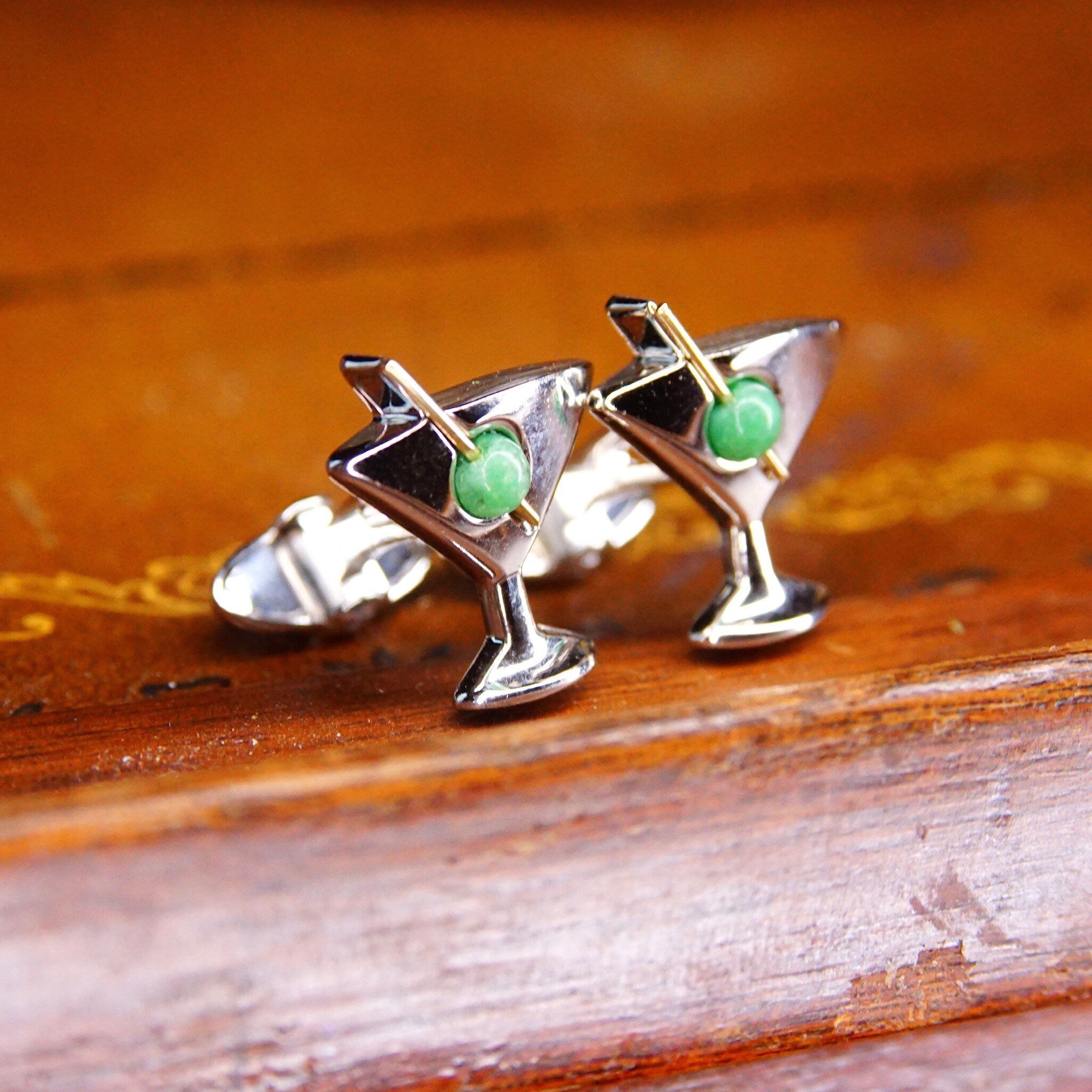 Vintage Dolan Bullock Sterling Silver 14K Jade Olive Cufflinks, Cocktail Glass Cuff Face, Yellow Gold Cocktail Spear, Green Gemstone, 3/4" L