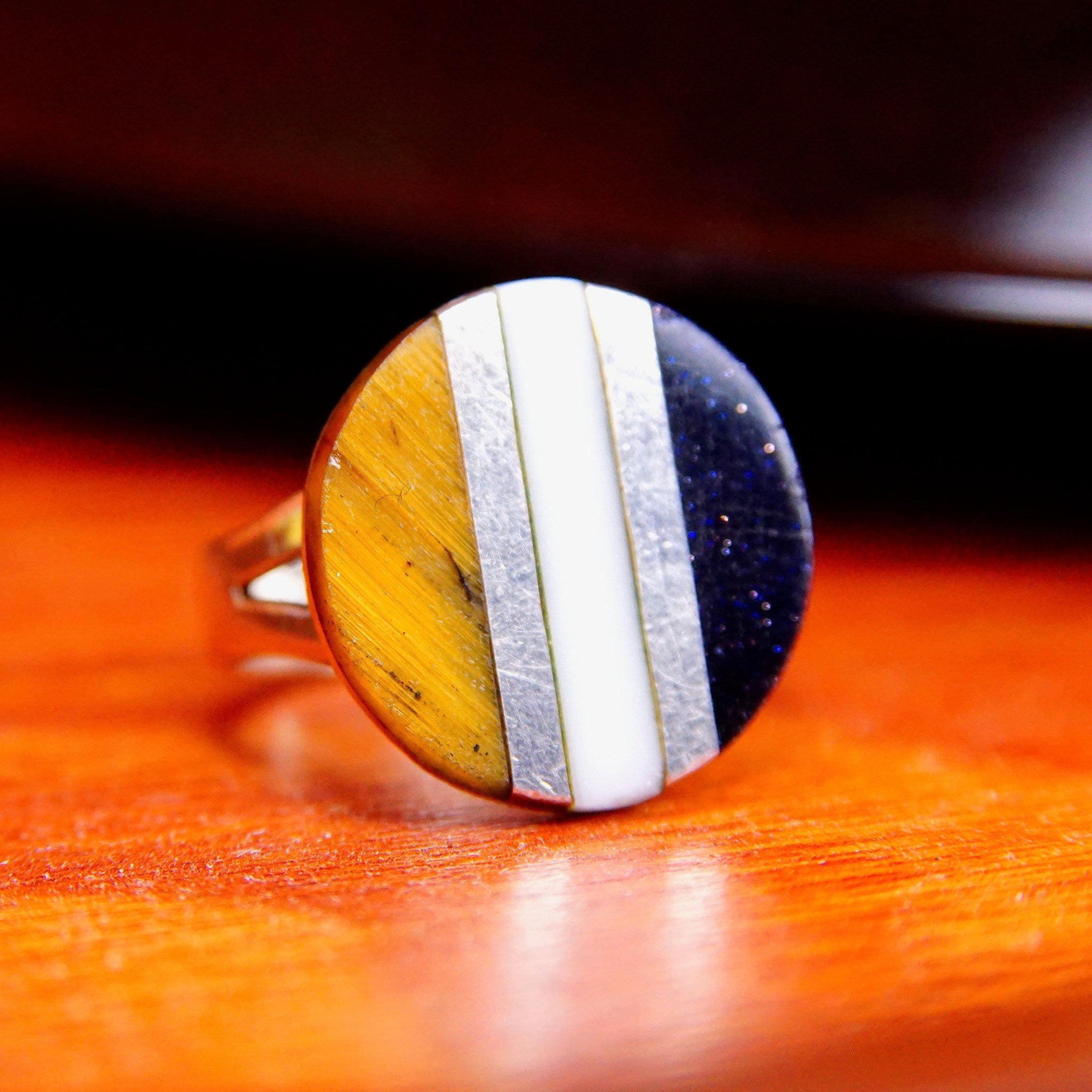 Vintage TAXCO Modernist 800 Silver Gemstone Inlay Disc Ring, Tigers Eye Goldstone & White Quartz, Striped Design, Size 6 1/2 US