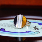 Vintage TAXCO Modernist 800 Silver Gemstone Inlay Disc Ring, Tigers Eye Goldstone & White Quartz, Striped Design, Size 6 1/2 US