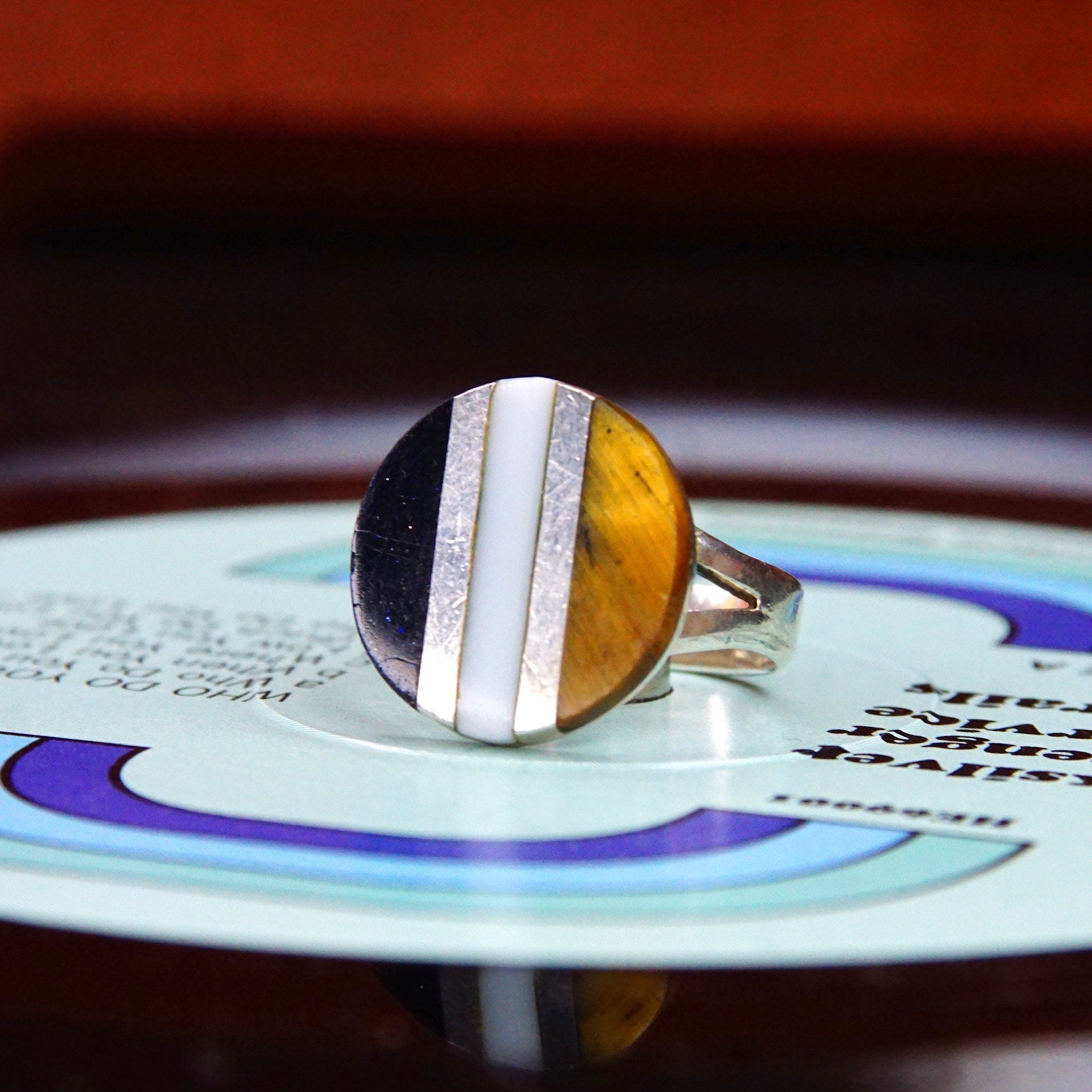 Vintage TAXCO Modernist 800 Silver Gemstone Inlay Disc Ring, Tigers Eye Goldstone & White Quartz, Striped Design, Size 6 1/2 US