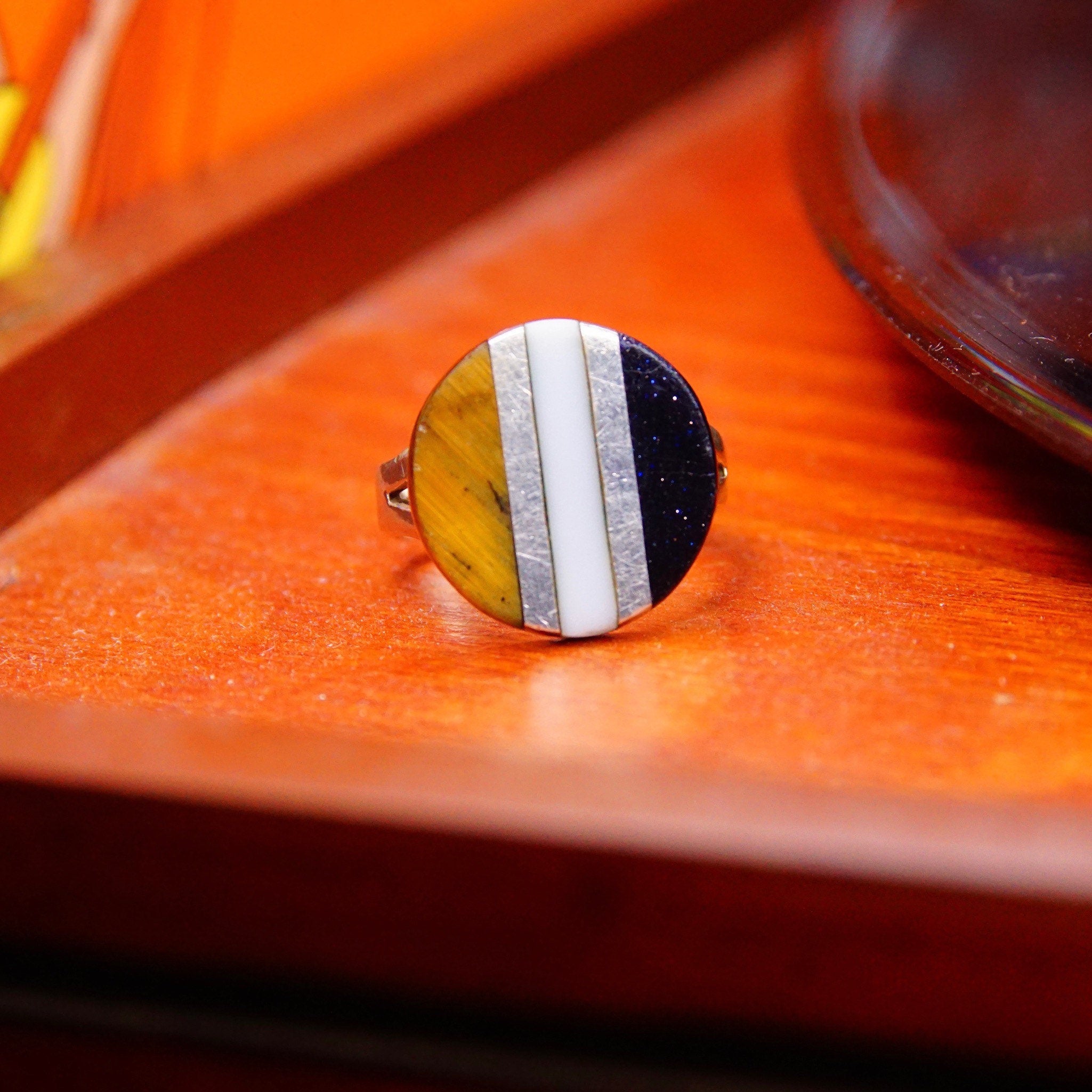 Vintage TAXCO Modernist 800 Silver Gemstone Inlay Disc Ring, Tigers Eye Goldstone & White Quartz, Striped Design, Size 6 1/2 US
