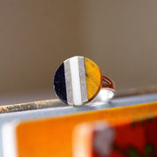 Vintage TAXCO Modernist 800 Silver Gemstone Inlay Disc Ring, Tigers Eye Goldstone & White Quartz, Striped Design, Size 6 1/2 US