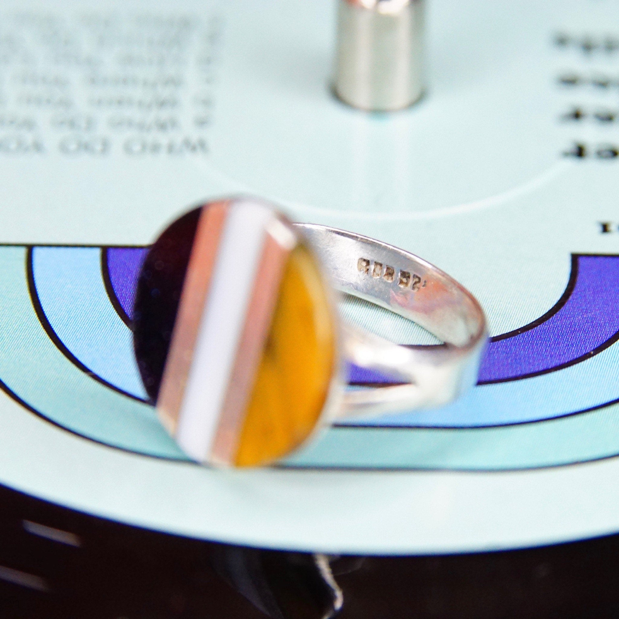 Vintage TAXCO Modernist 800 Silver Gemstone Inlay Disc Ring, Tigers Eye Goldstone & White Quartz, Striped Design, Size 6 1/2 US