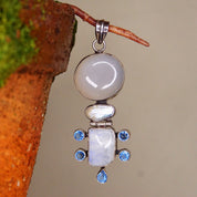 Vintage Abstract Modernist Hinged Sterling Silver Multi-Gemstone Pendant, Moonstone, Mother Of Pearl, Quartz, Purple/Blue Gems, 3 1/8 L