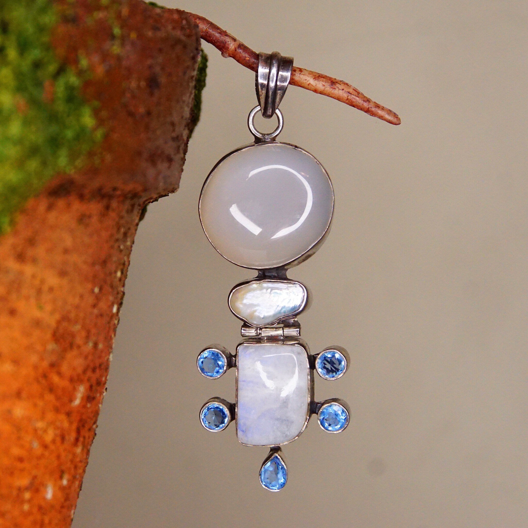 Vintage Abstract Modernist Hinged Sterling Silver Multi-Gemstone Pendant, Moonstone, Mother Of Pearl, Quartz, Purple/Blue Gems, 3 1/8 L