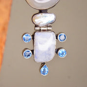 Vintage Abstract Modernist Hinged Sterling Silver Multi-Gemstone Pendant, Moonstone, Mother Of Pearl, Quartz, Purple/Blue Gems, 3 1/8 L