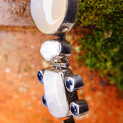 Vintage Abstract Modernist Hinged Sterling Silver Multi-Gemstone Pendant, Moonstone, Mother Of Pearl, Quartz, Purple/Blue Gems, 3 1/8 L