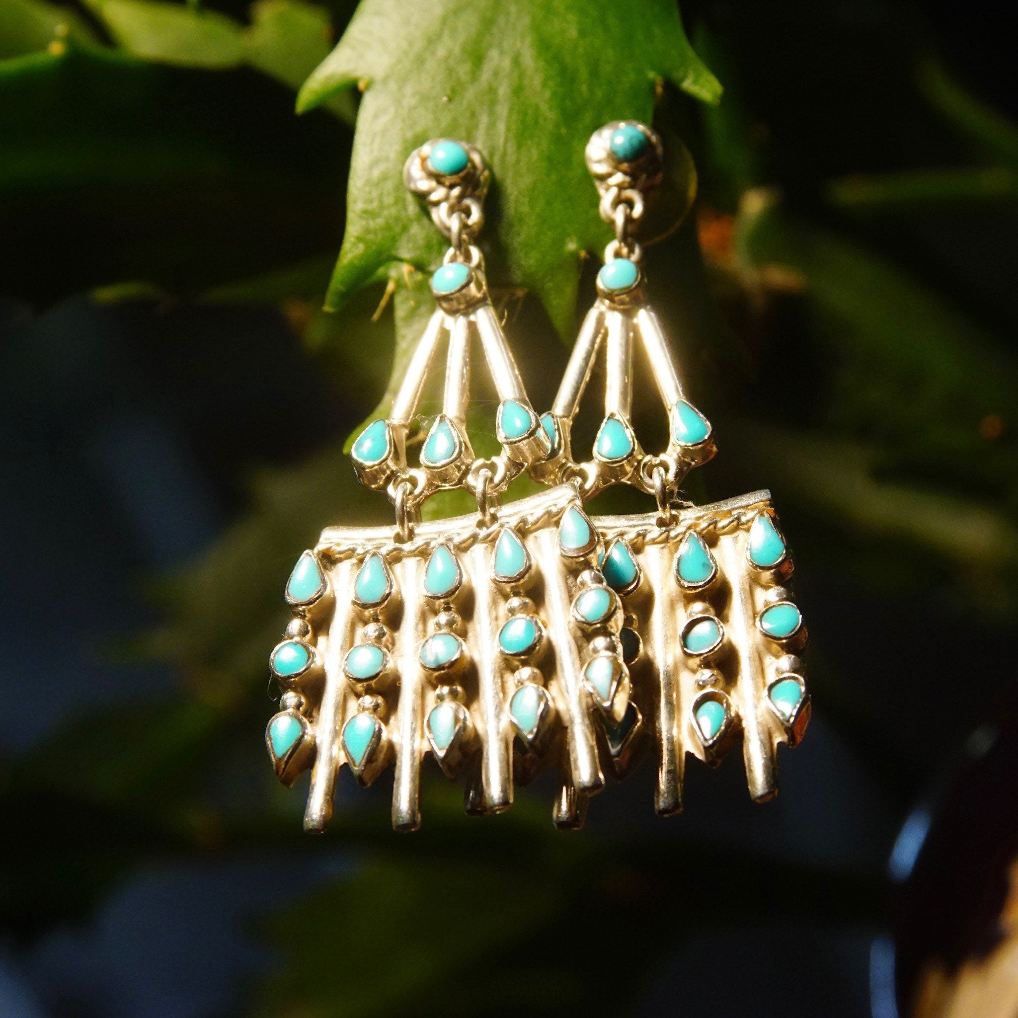 Vintage TAXCO Sterling Silver Petit Point Turquoise Chandelier Earrings, Mexico 925, Pierced Dangle Turquoise Earrings, 2 1/2" L
