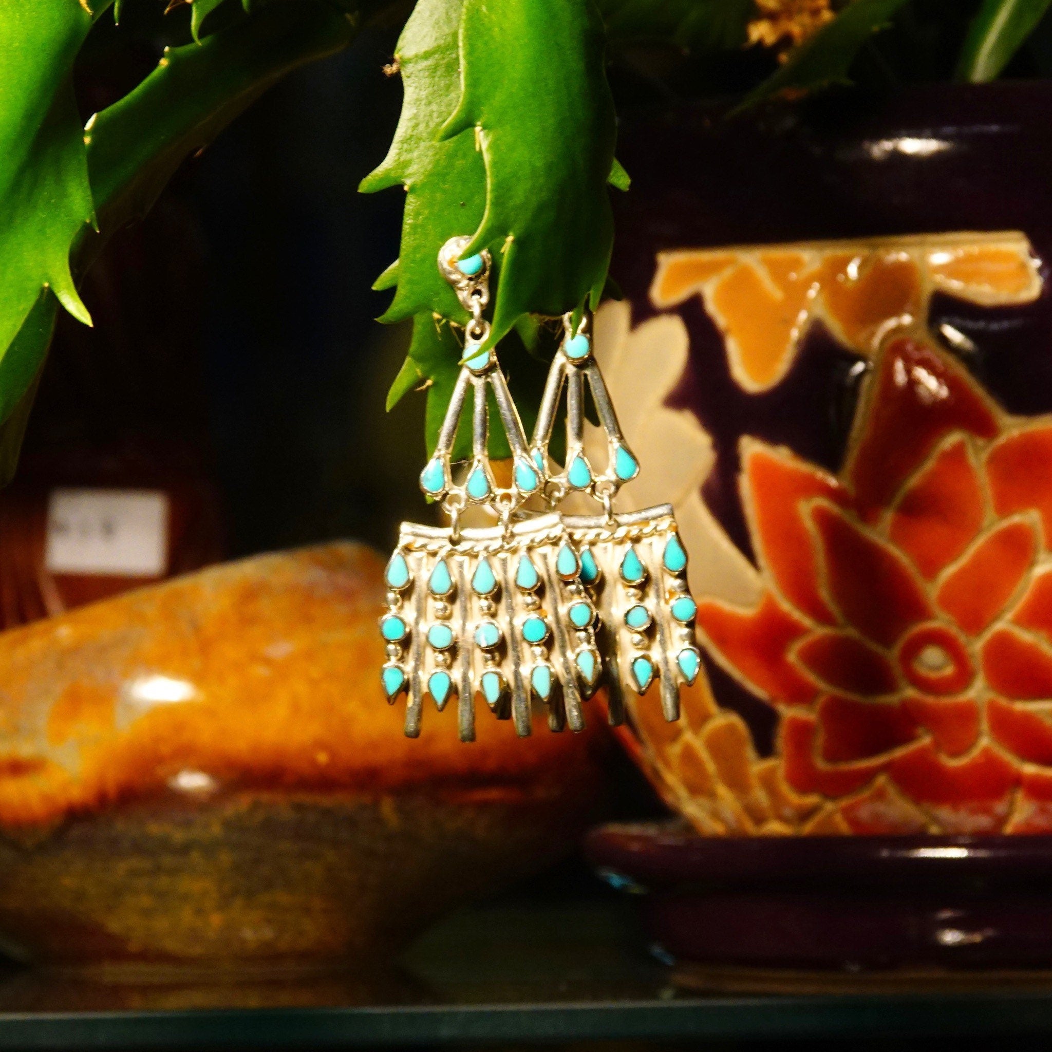 Vintage TAXCO Sterling Silver Petit Point Turquoise Chandelier Earrings, Mexico 925, Pierced Dangle Turquoise Earrings, 2 1/2" L