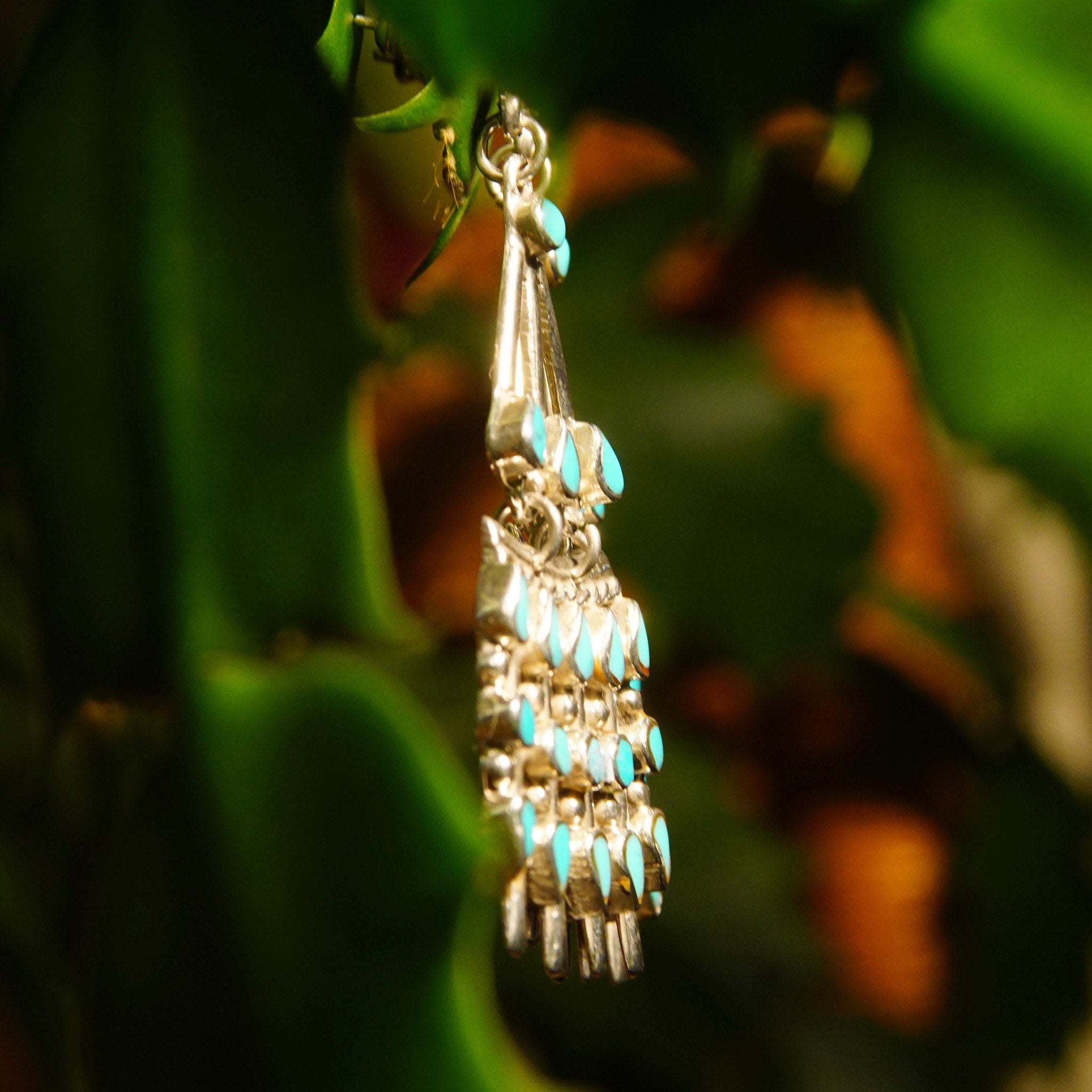 Vintage TAXCO Sterling Silver Petit Point Turquoise Chandelier Earrings, Mexico 925, Pierced Dangle Turquoise Earrings, 2 1/2" L