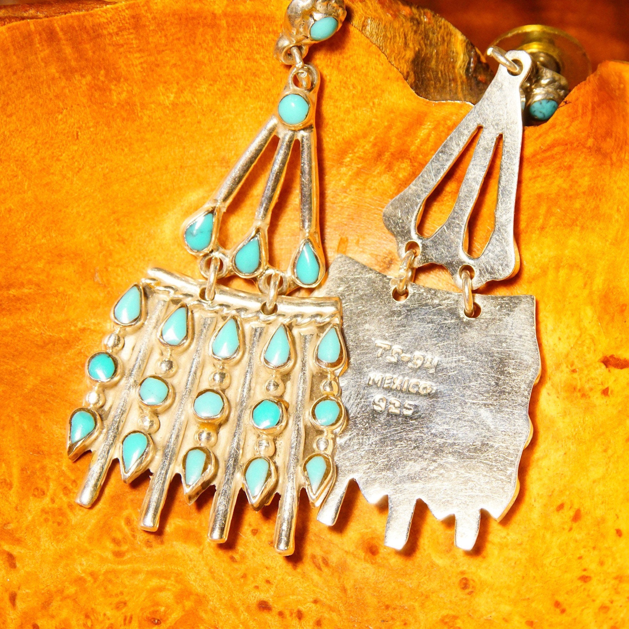 Vintage TAXCO Sterling Silver Petit Point Turquoise Chandelier Earrings, Mexico 925, Pierced Dangle Turquoise Earrings, 2 1/2" L