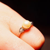 Vintage 14K White Gold Pearl Diamond Accent Ring, 8mm Round Pearl, Diamond Shoulders, .06 TCW, White Gold Band, Size 6 1/4 US