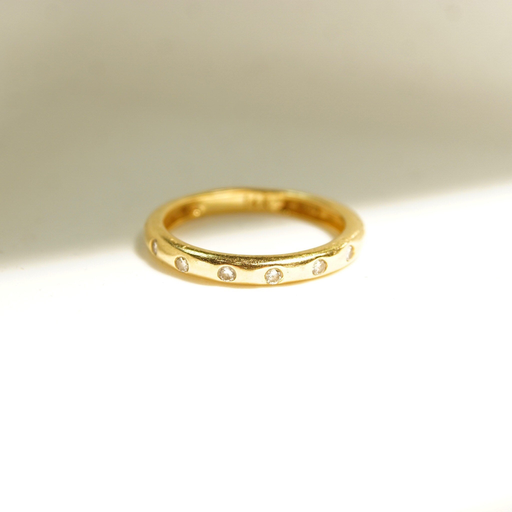 Vintage 14K Gold Bezel Set Diamond Wedding Band, 9-Diamond Ring, 2mm Yellow Gold Band, .135 TCW, Elegant, Understated, Size 7 US