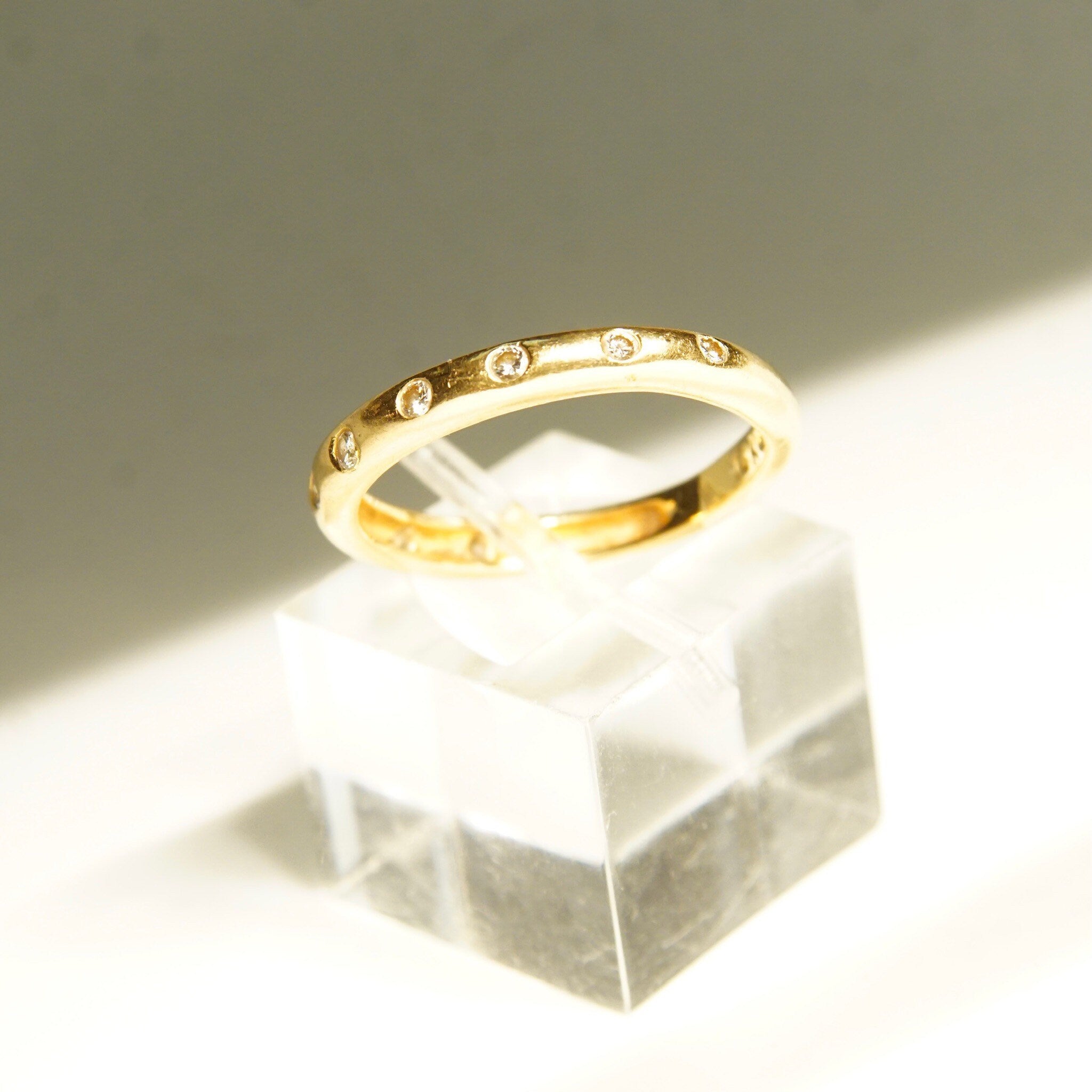 Vintage 14K Gold Bezel Set Diamond Wedding Band, 9-Diamond Ring, 2mm Yellow Gold Band, .135 TCW, Elegant, Understated, Size 7 US