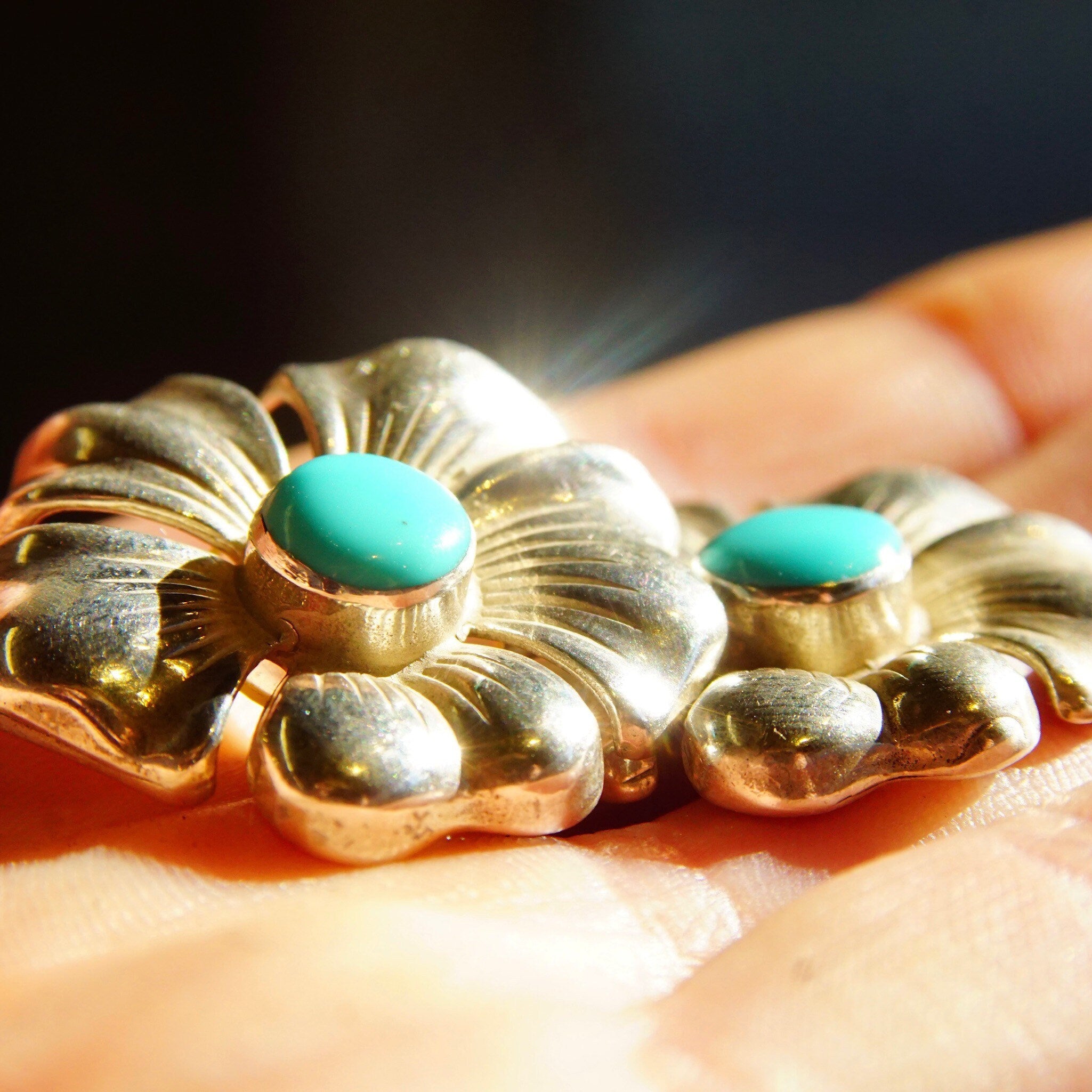 Vintage Sterling Silver Turquoise Bead Posy Flower Stud Earrings, Puffed Silver Petals, 8mm Glossy Blue Turquoise Stone, 1 1/8" L