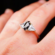 Vintage Sterling Silver Marquise Simulated Black Diamond & Accent Trillion CZ Diamond Engagement Ring, Made In China, Size 9 1/4 US