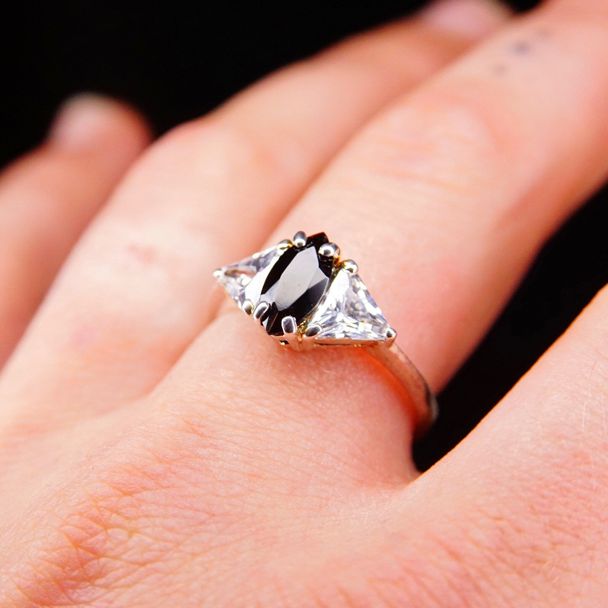 Vintage Sterling Silver Marquise Simulated Black Diamond & Accent Trillion CZ Diamond Engagement Ring, Made In China, Size 9 1/4 US