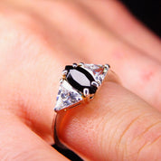 Vintage Sterling Silver Marquise Simulated Black Diamond & Accent Trillion CZ Diamond Engagement Ring, Made In China, Size 9 1/4 US