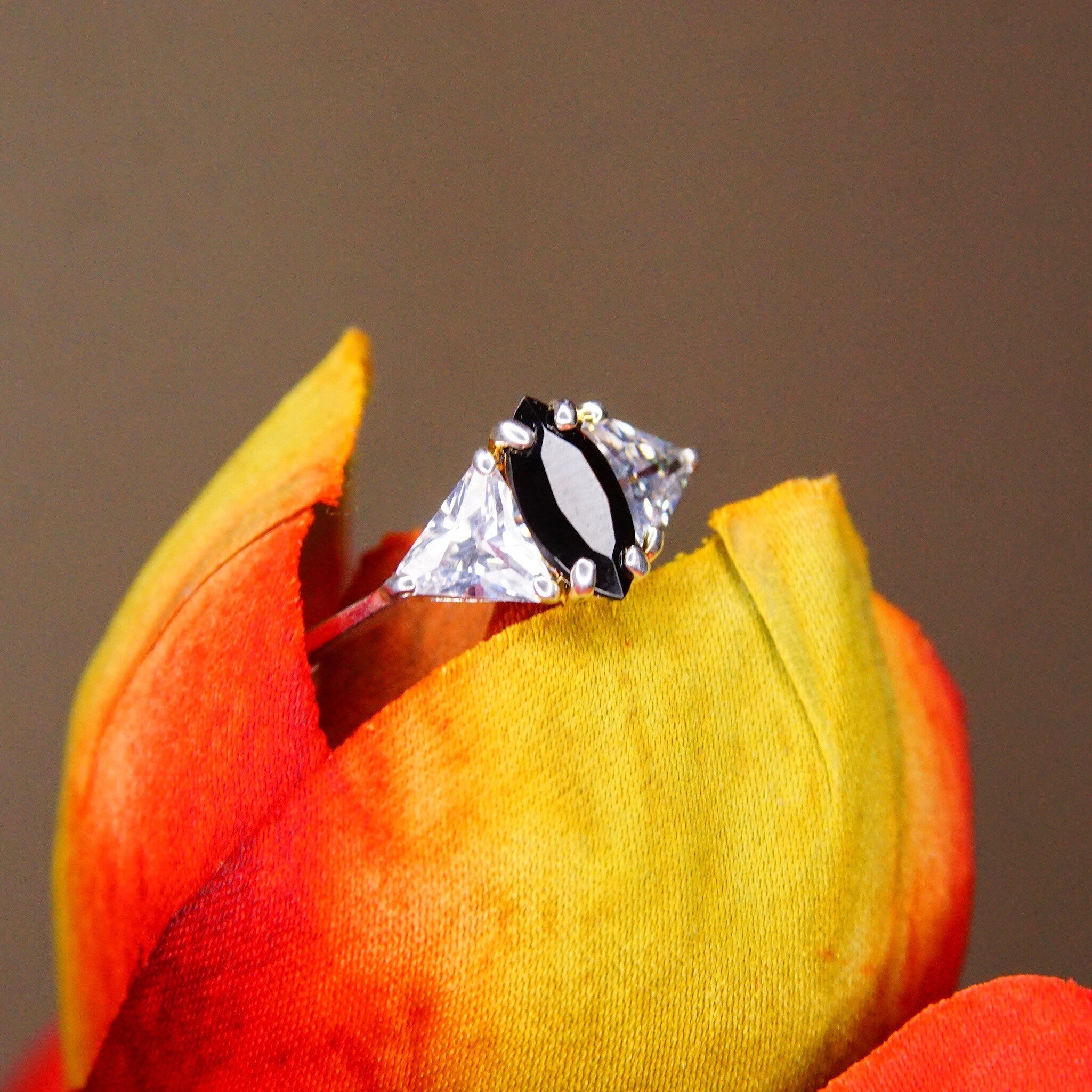 Vintage Sterling Silver Marquise Simulated Black Diamond & Accent Trillion CZ Diamond Engagement Ring, Made In China, Size 9 1/4 US