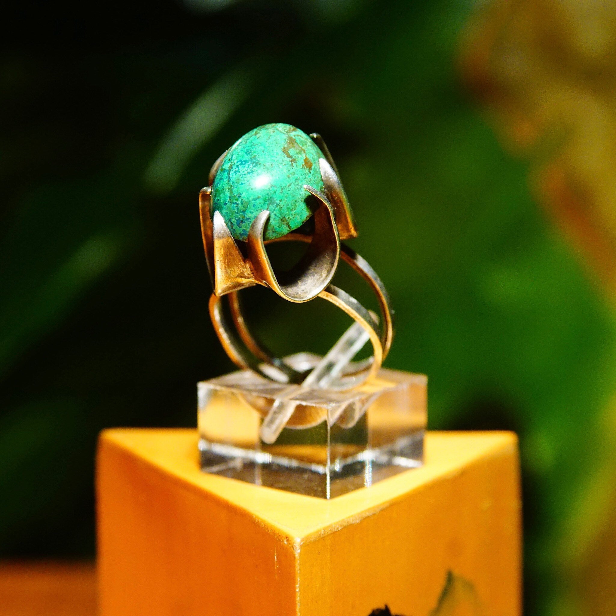 Sterling Silver High Prong-Set Turquoise Cocktail Ring, Marbled Green Turquoise Stone, Ornate Setting, Adjustable, Size 4-8 US
