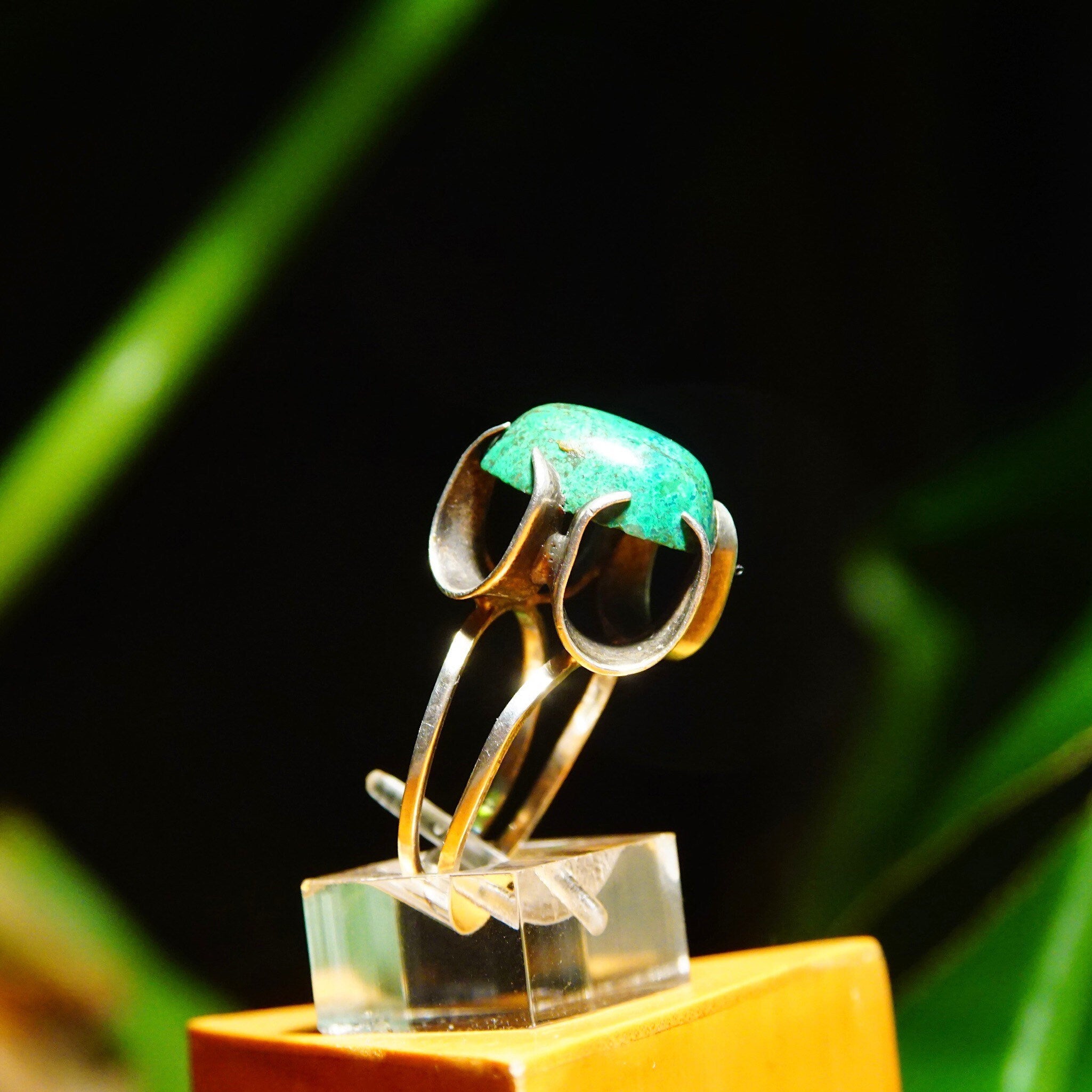 Sterling Silver High Prong-Set Turquoise Cocktail Ring, Marbled Green Turquoise Stone, Ornate Setting, Adjustable, Size 4-8 US