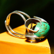 Sterling Silver High Prong-Set Turquoise Cocktail Ring, Marbled Green Turquoise Stone, Ornate Setting, Adjustable, Size 4-8 US