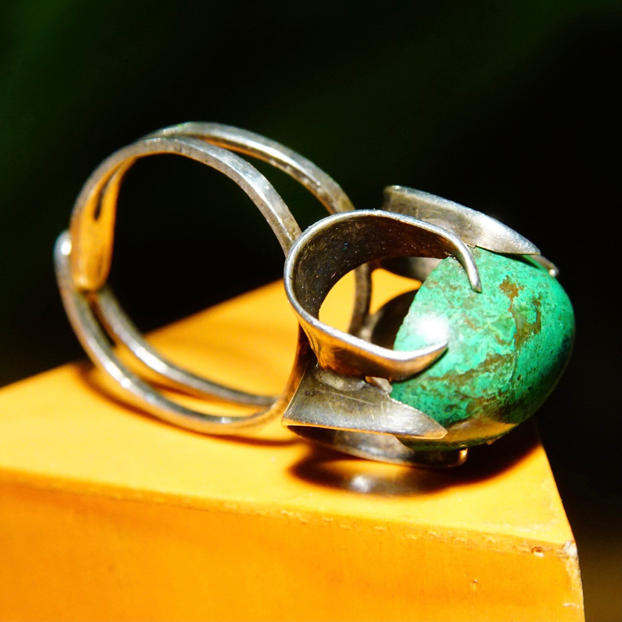 Sterling Silver High Prong-Set Turquoise Cocktail Ring, Marbled Green Turquoise Stone, Ornate Setting, Adjustable, Size 4-8 US