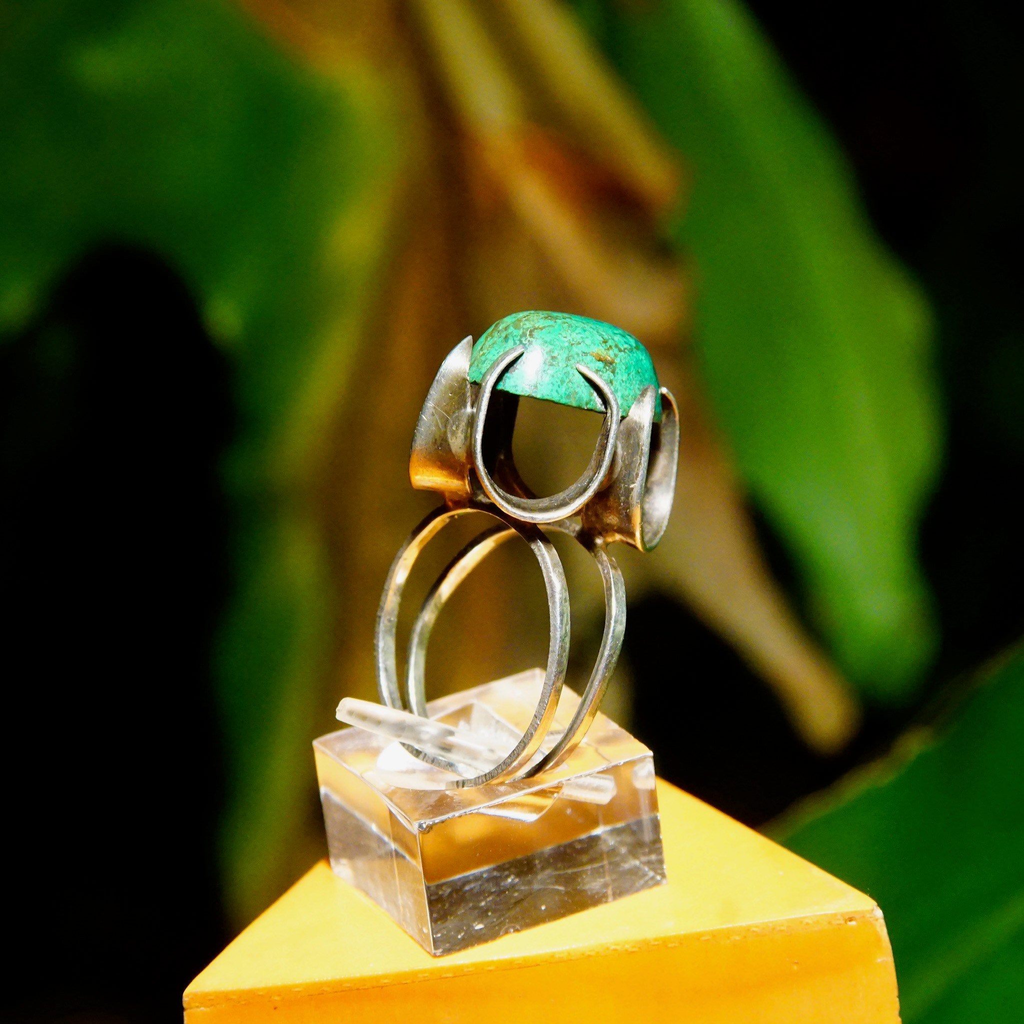 Sterling Silver High Prong-Set Turquoise Cocktail Ring, Marbled Green Turquoise Stone, Ornate Setting, Adjustable, Size 4-8 US